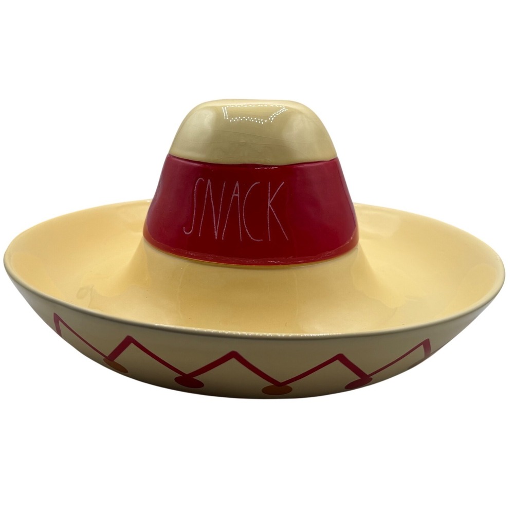 Rae Dunn Sombrero Chips and Dip Server Yellow Red Ceramic Snack Set 2 Piece
